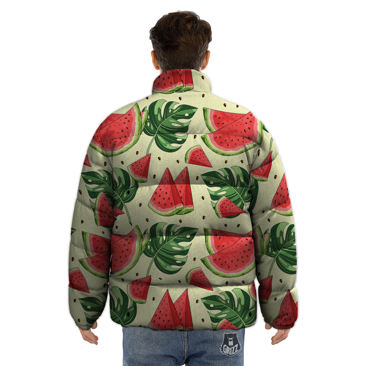 Watermelon Leaf Tropical Print Pattern Puffer Jacket-grizzshop