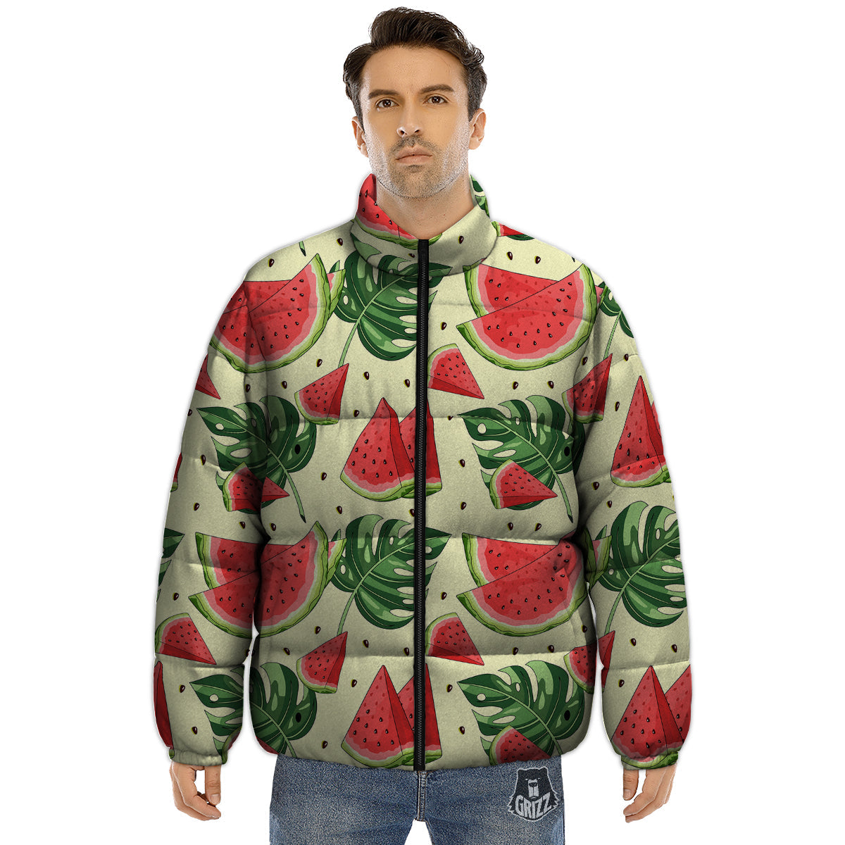 Watermelon Leaf Tropical Print Pattern Puffer Jacket-grizzshop