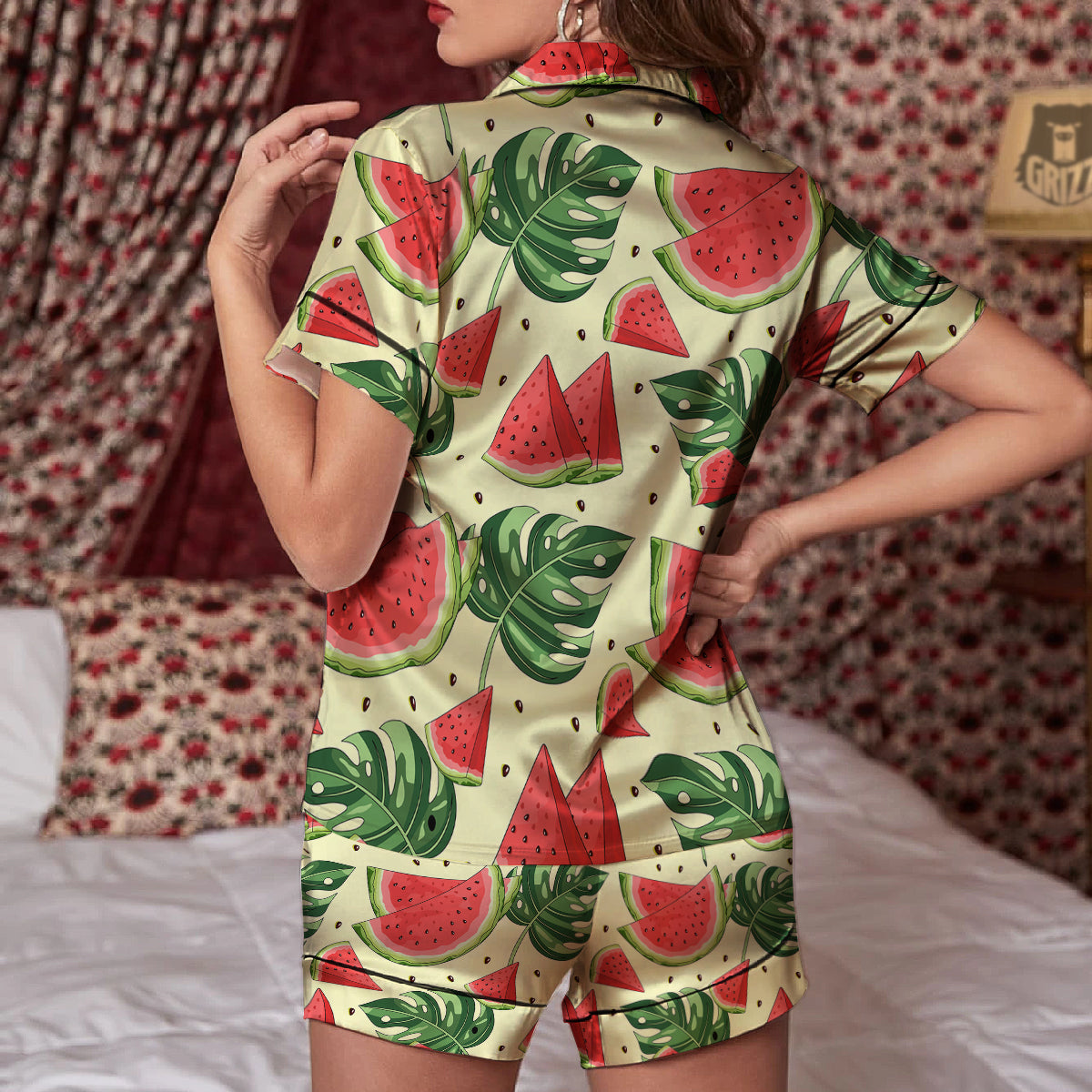 Watermelon Leaf Tropical Print Pattern Women Silk Pajamas-grizzshop