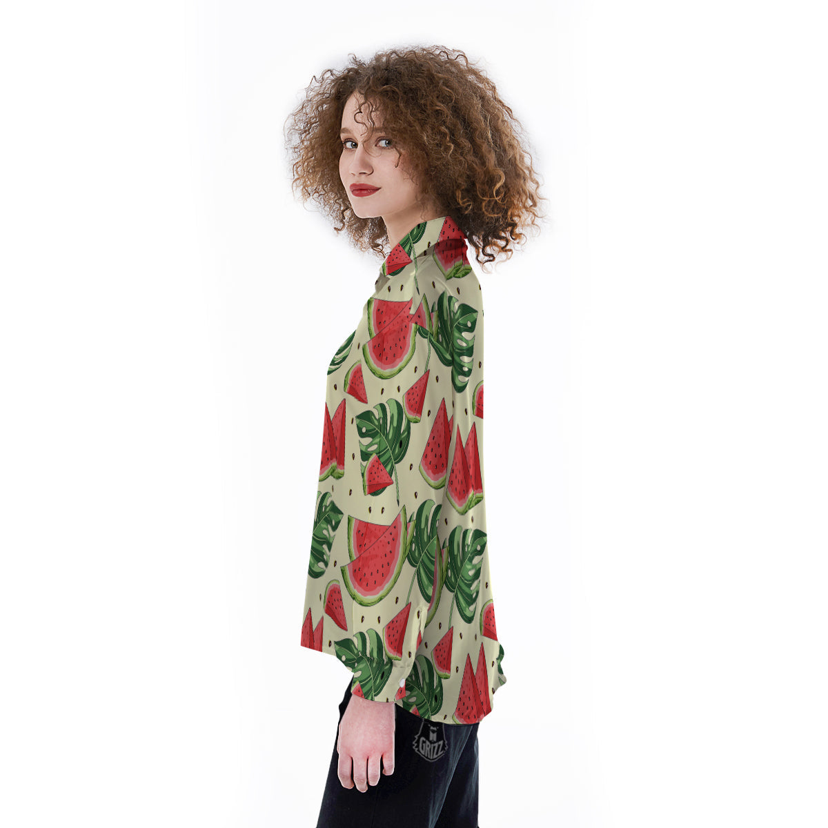 Watermelon Leaf Tropical Print Pattern Women's Long Sleeve Shirts-grizzshop