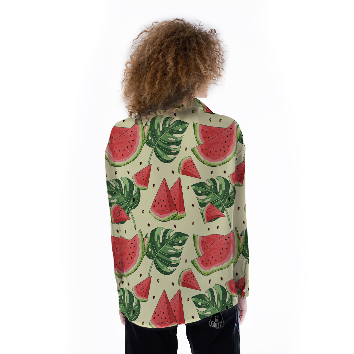 Watermelon Leaf Tropical Print Pattern Women's Long Sleeve Shirts-grizzshop