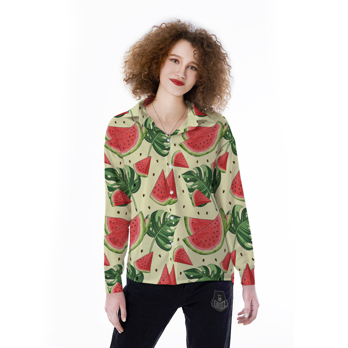 Watermelon Leaf Tropical Print Pattern Women's Long Sleeve Shirts-grizzshop