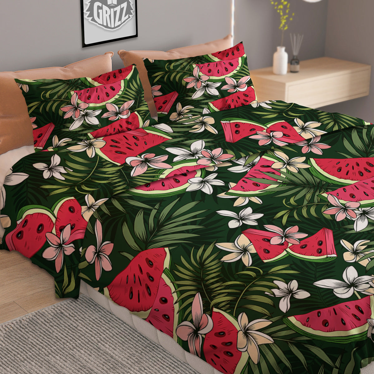 Watermelon Leaves Tropical Print Pattern Duvet Cover Bedding Set-grizzshop
