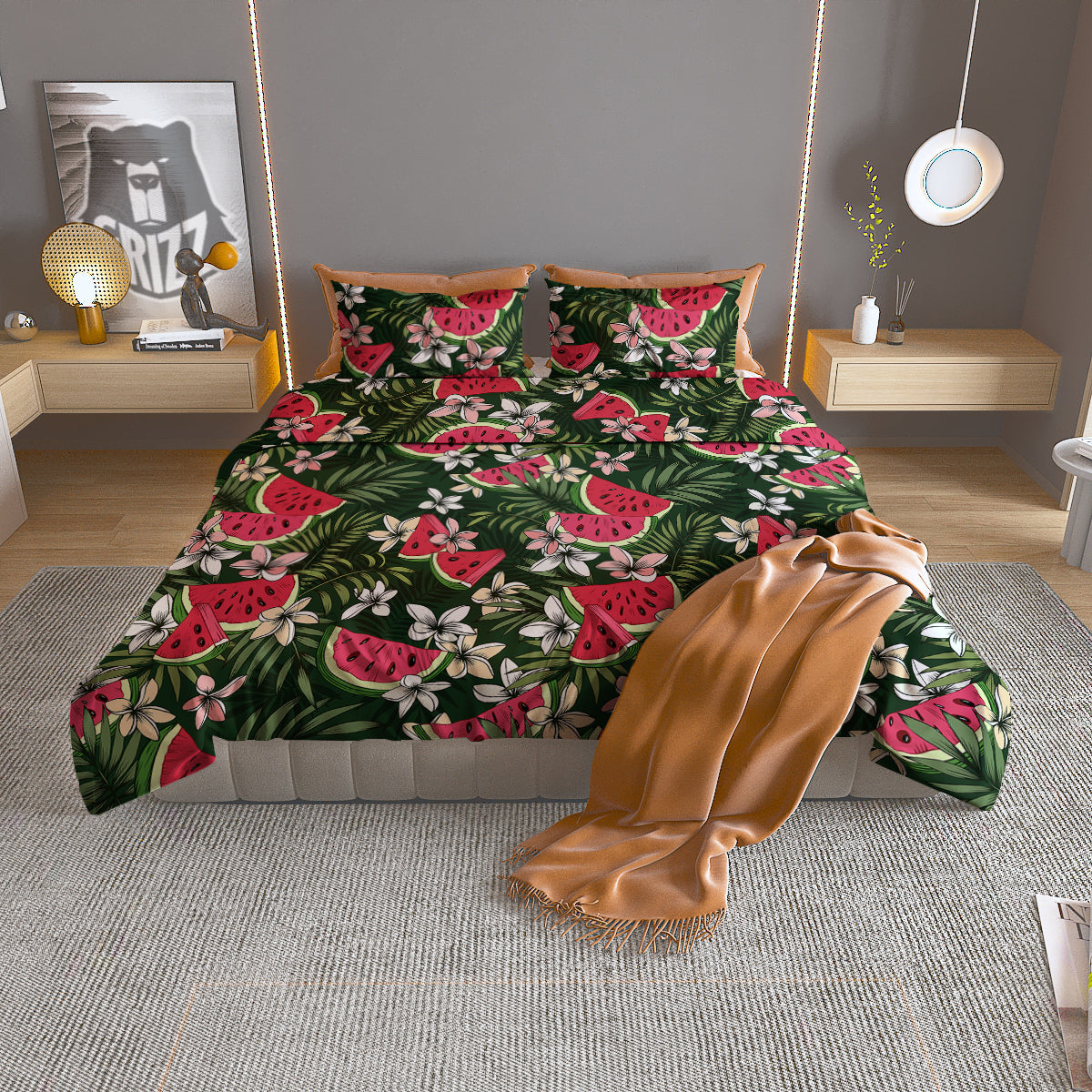 Watermelon Leaves Tropical Print Pattern Duvet Cover Bedding Set-grizzshop
