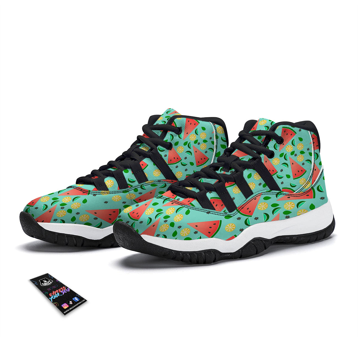 Watermelon Lime Green Print Pattern Black Bball Shoes-grizzshop