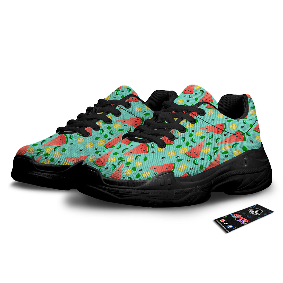Watermelon Lime Green Print Pattern Black Chunky Shoes-grizzshop