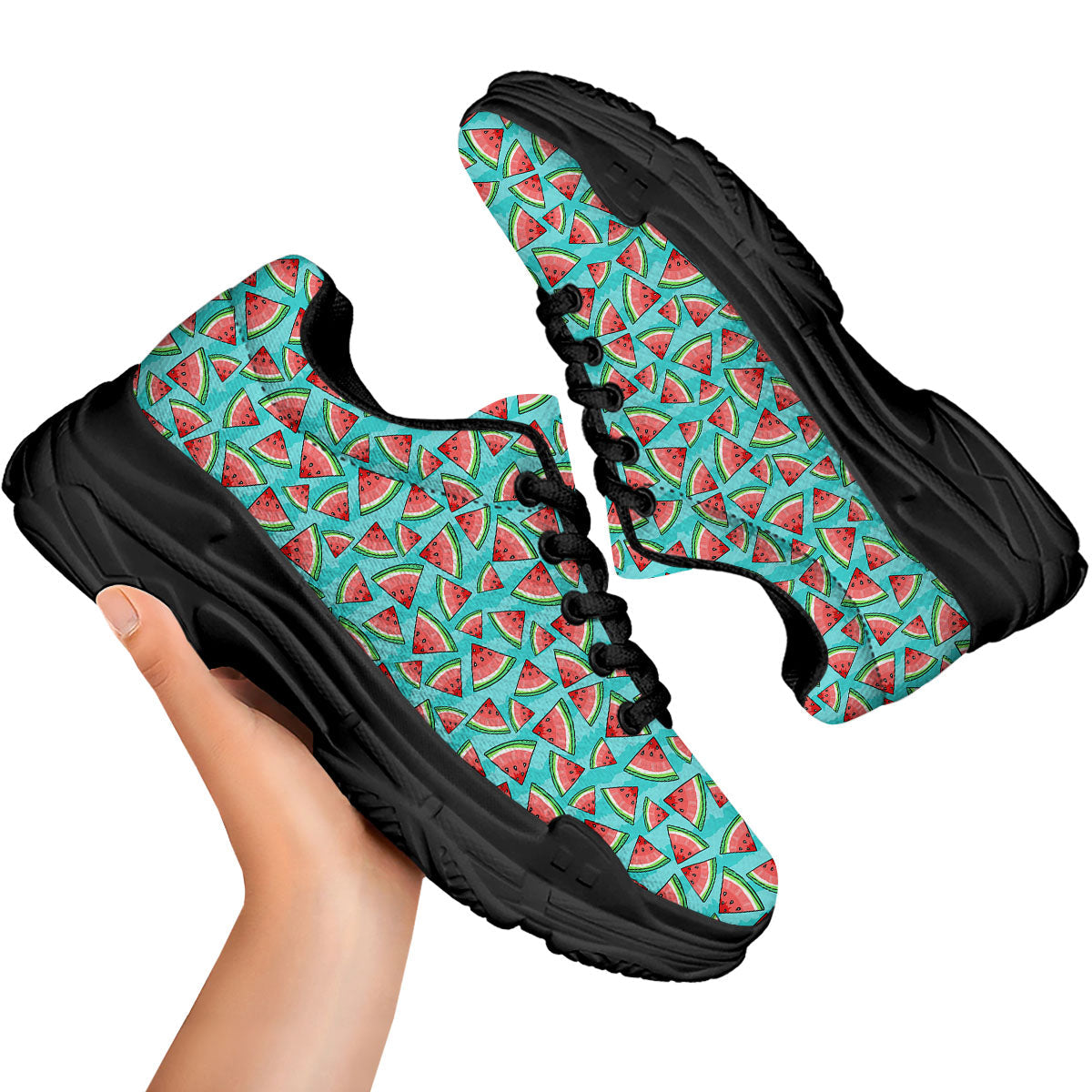 Watermelon Pieces Blue Print Pattern Black Chunky Shoes-grizzshop