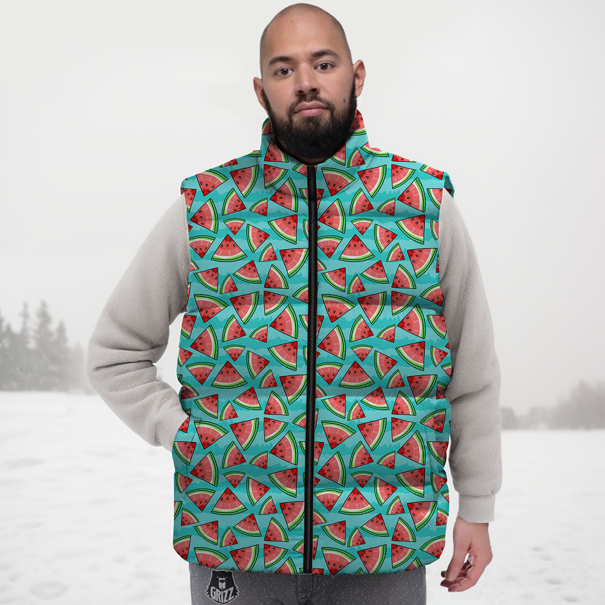 Watermelon Pieces Blue Print Pattern Down Vest-grizzshop