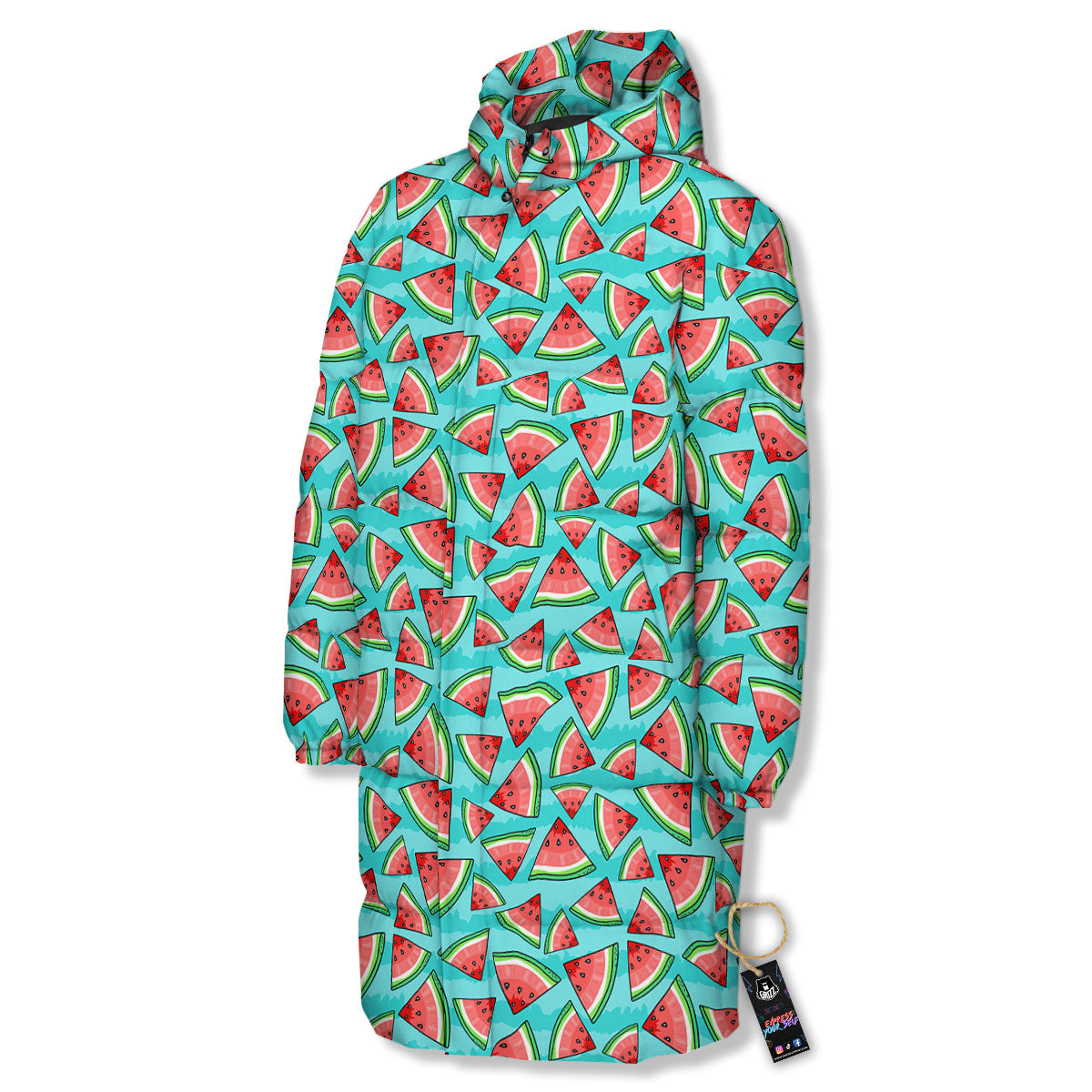 Watermelon Pieces Blue Print Pattern Long Down Jacket-grizzshop