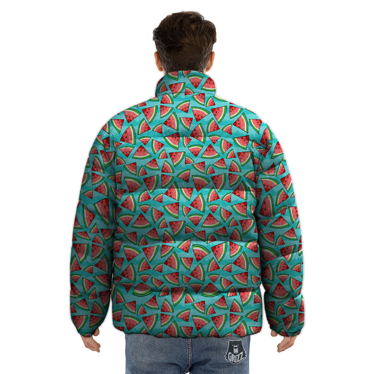 Watermelon Pieces Blue Print Pattern Puffer Jacket-grizzshop