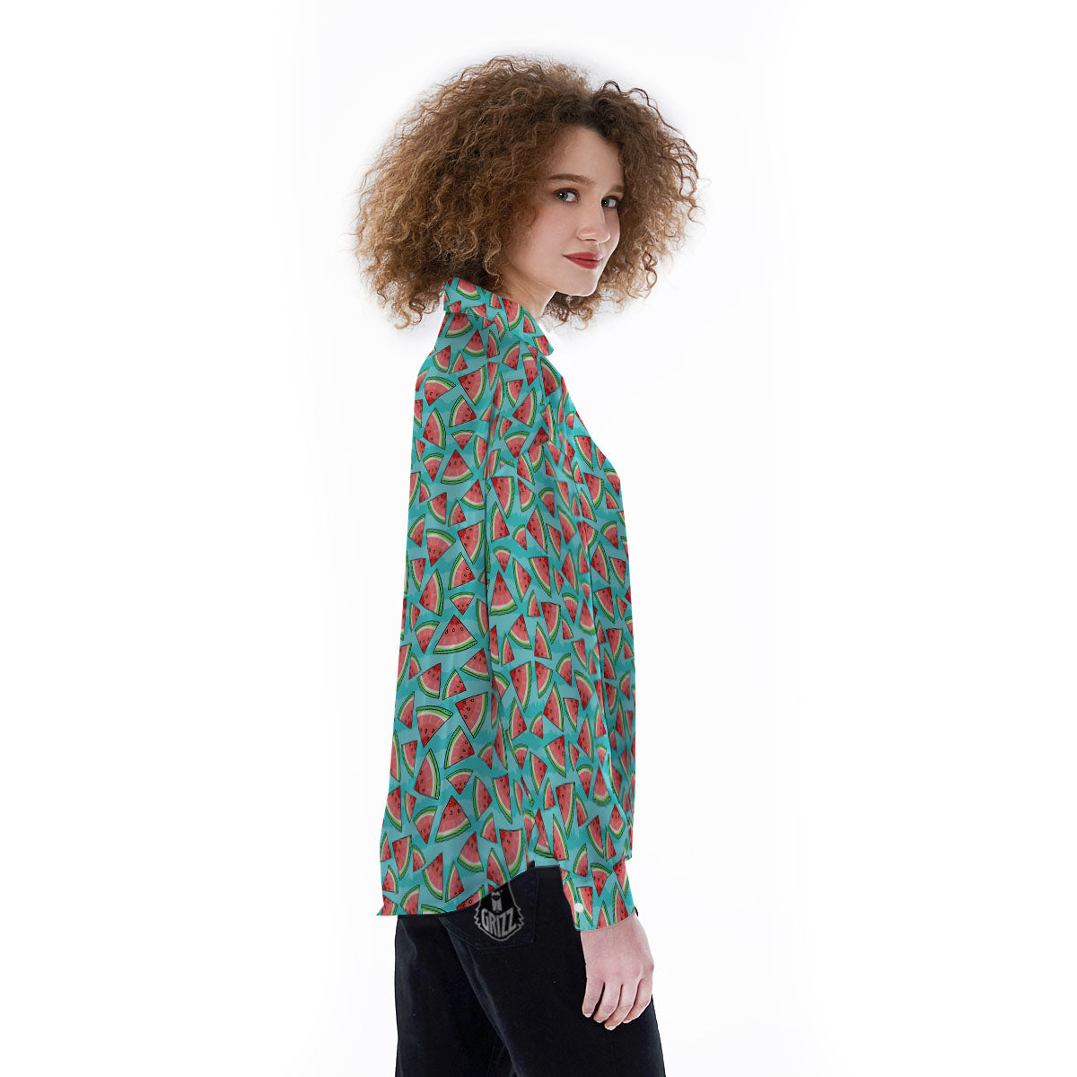 Watermelon Pieces Blue Print Pattern Women's Long Sleeve Shirts-grizzshop