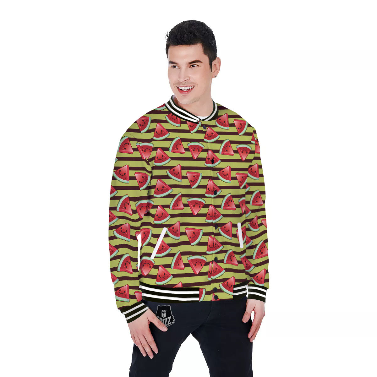 Watermelon Striped Green Print Pattern Baseball Jacket-grizzshop