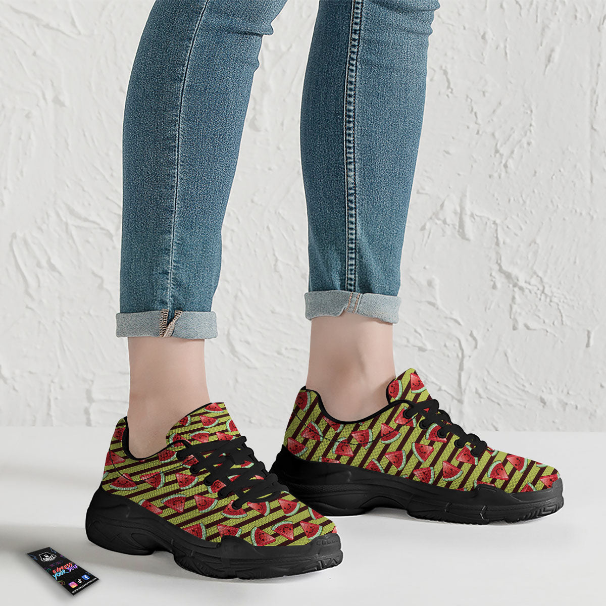 Watermelon Striped Green Print Pattern Black Chunky Shoes-grizzshop
