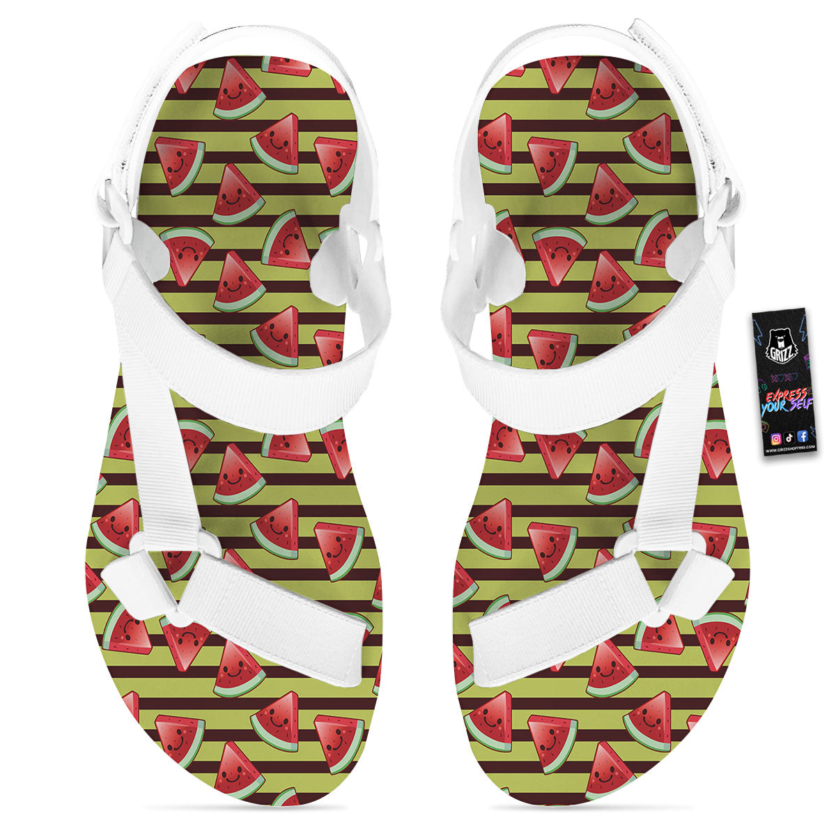 Watermelon Striped Green Print Pattern White Open Toe Sandals-grizzshop