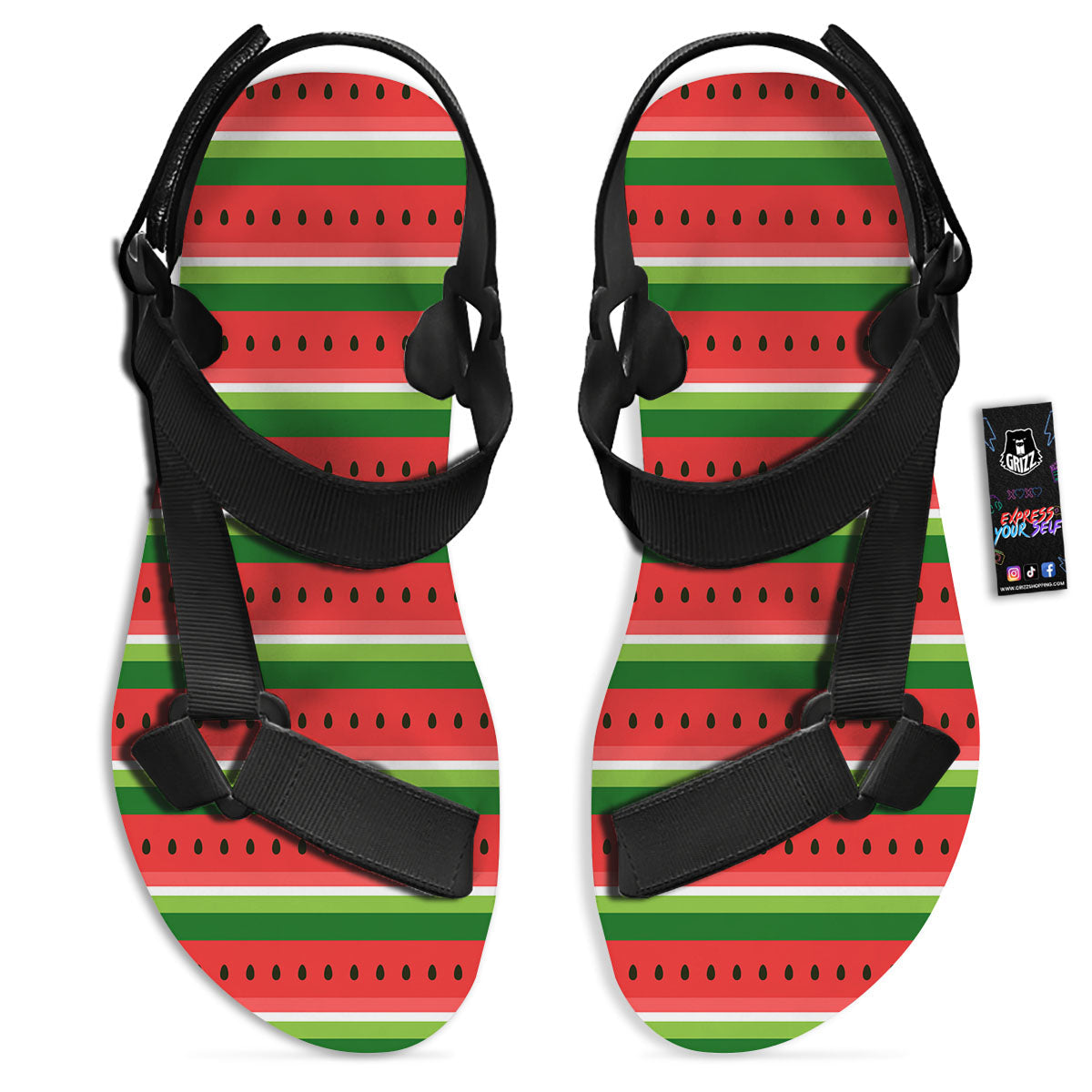 Watermelon Stripes Green Print Pattern Black Open Toe Sandals-grizzshop