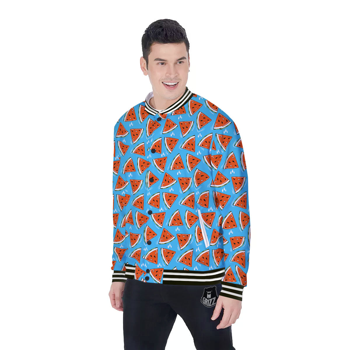 Watermelon Summer Blue Print Pattern Baseball Jacket-grizzshop