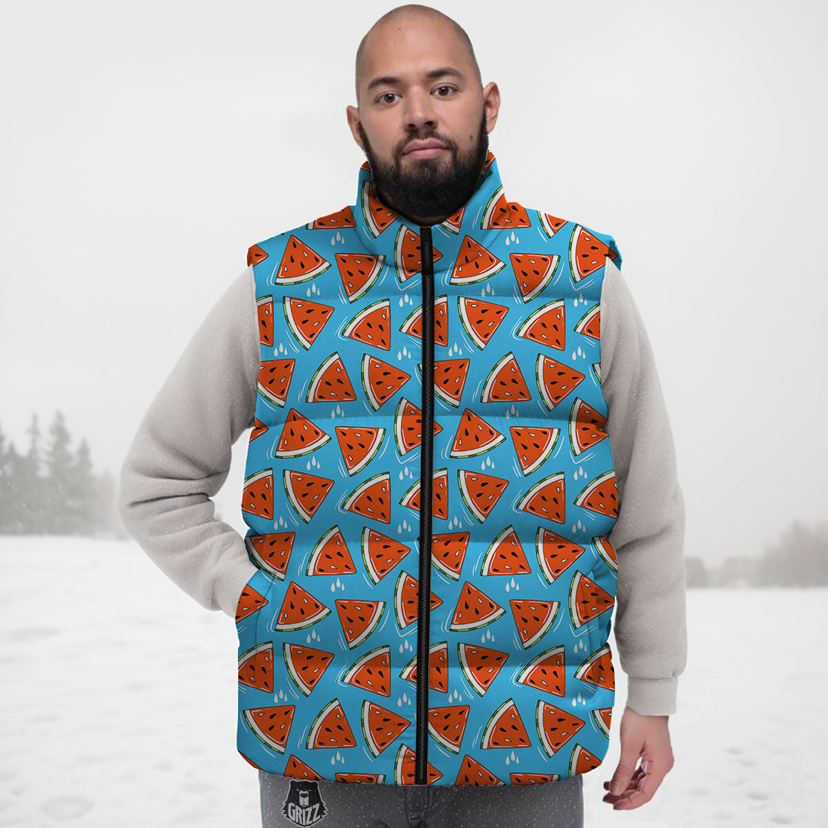 Watermelon Summer Blue Print Pattern Down Vest-grizzshop