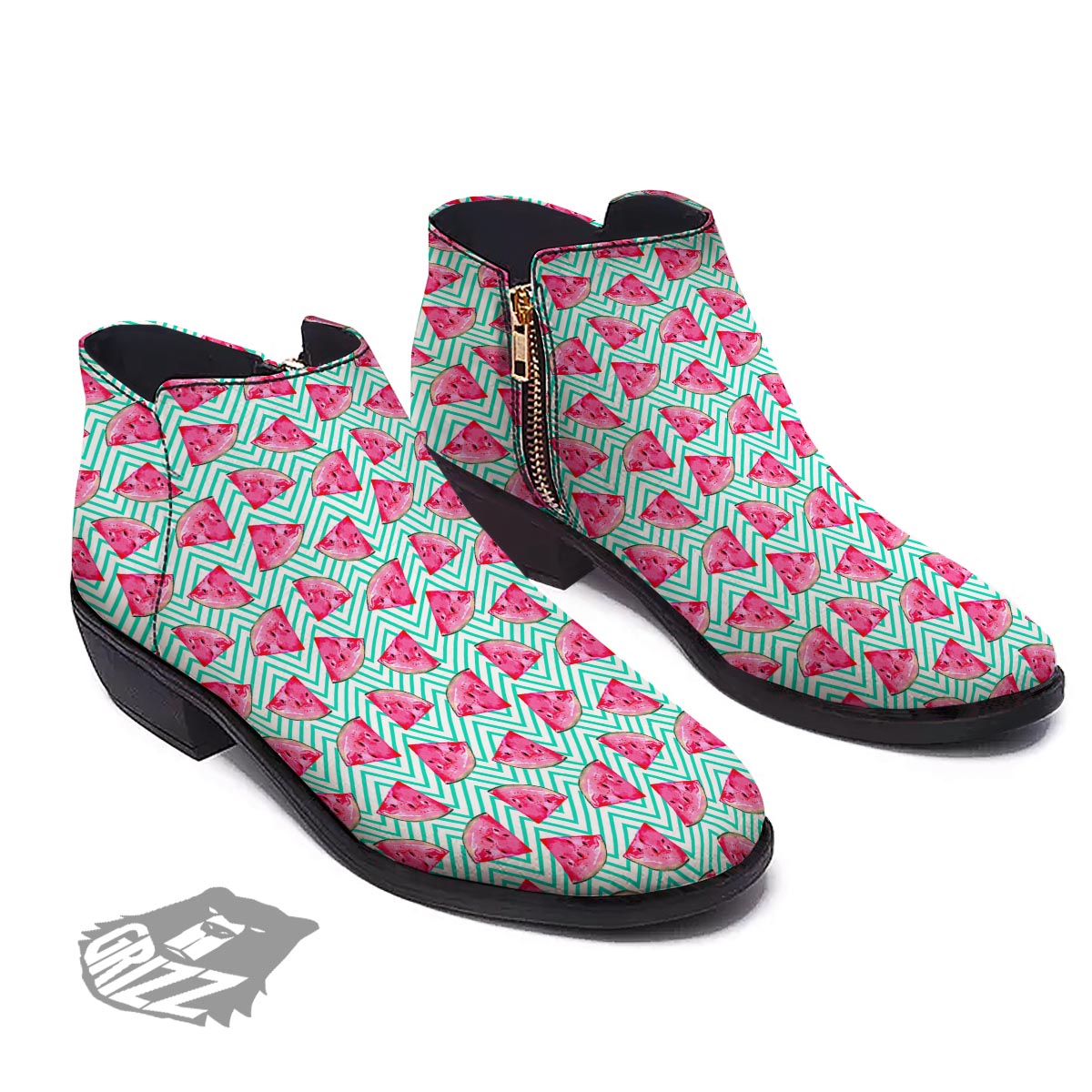 Watermelon Teal Chevron Print Pattern Ankle Boots-grizzshop