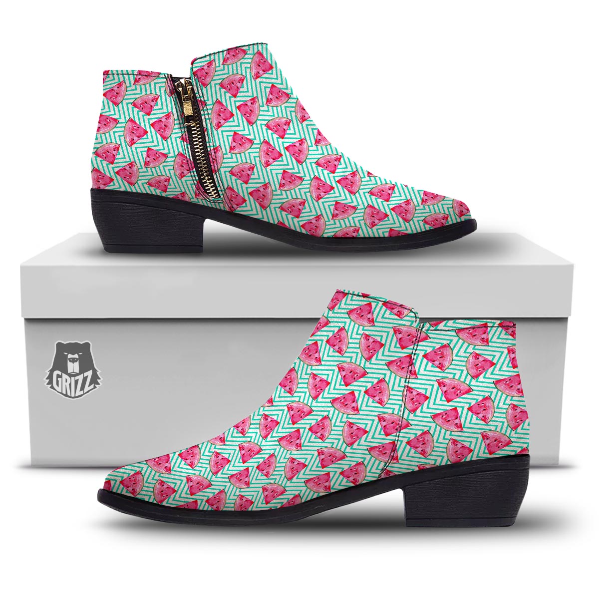 Watermelon Teal Chevron Print Pattern Ankle Boots-grizzshop