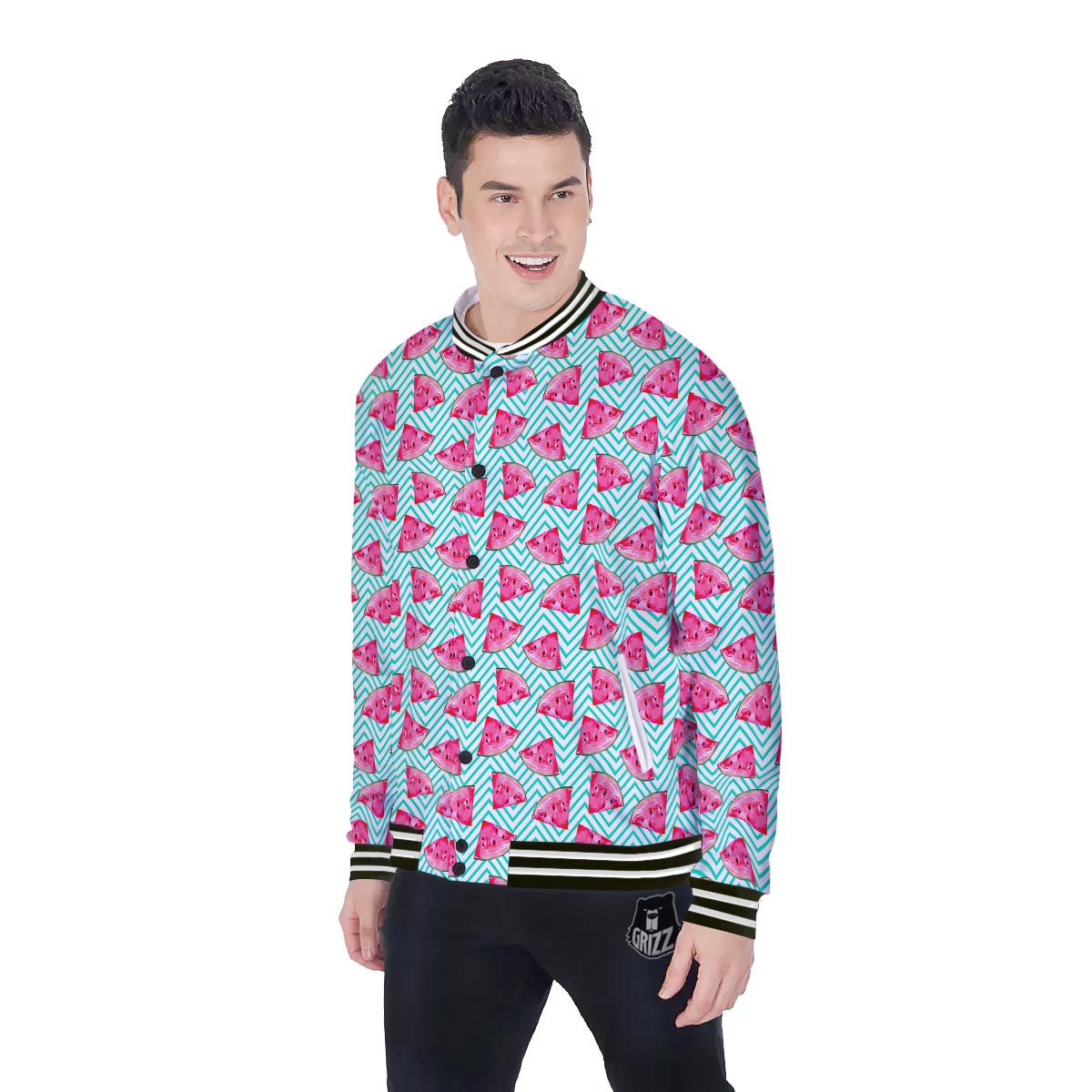 Watermelon Teal Chevron Print Pattern Baseball Jacket-grizzshop