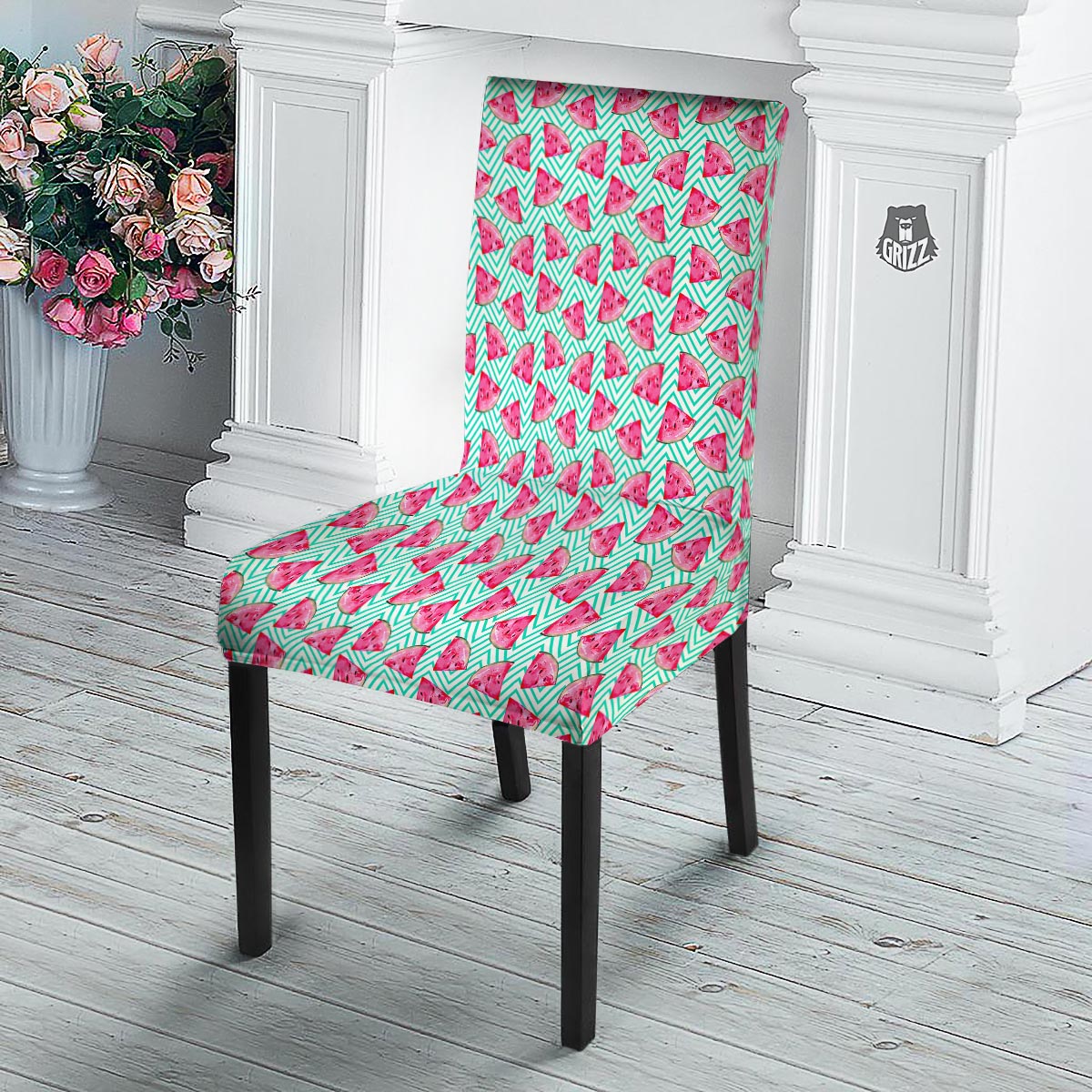 Watermelon Teal Chevron Print Pattern Dining Chair Slipcover-grizzshop