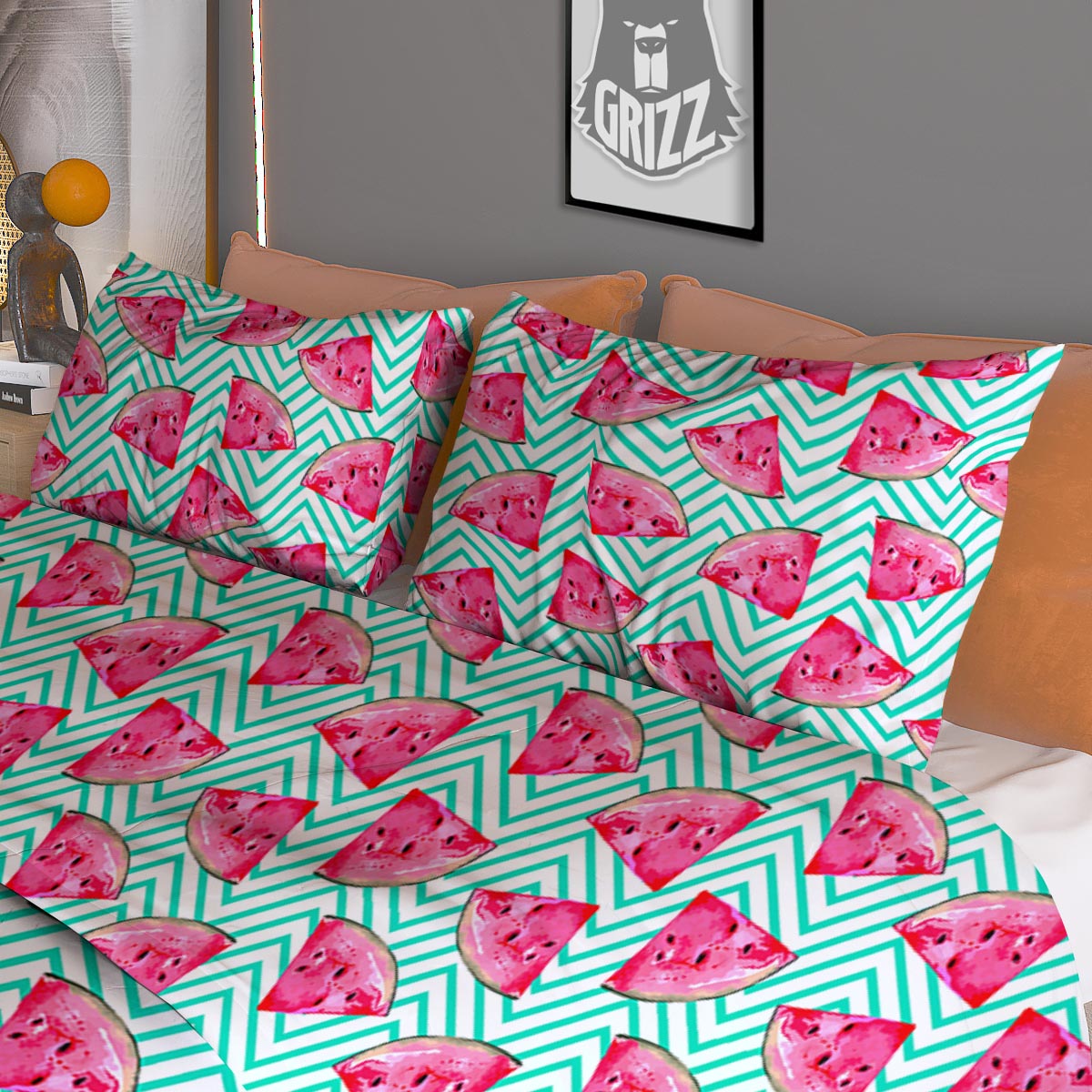 Watermelon Teal Chevron Print Pattern Duvet Cover Bedding Set