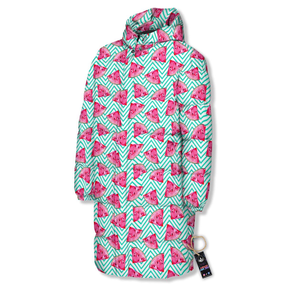 Watermelon Teal Chevron Print Pattern Long Down Jacket-grizzshop