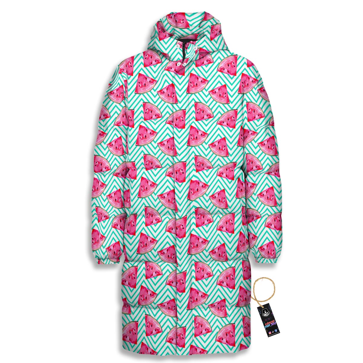 Watermelon Teal Chevron Print Pattern Long Down Jacket-grizzshop