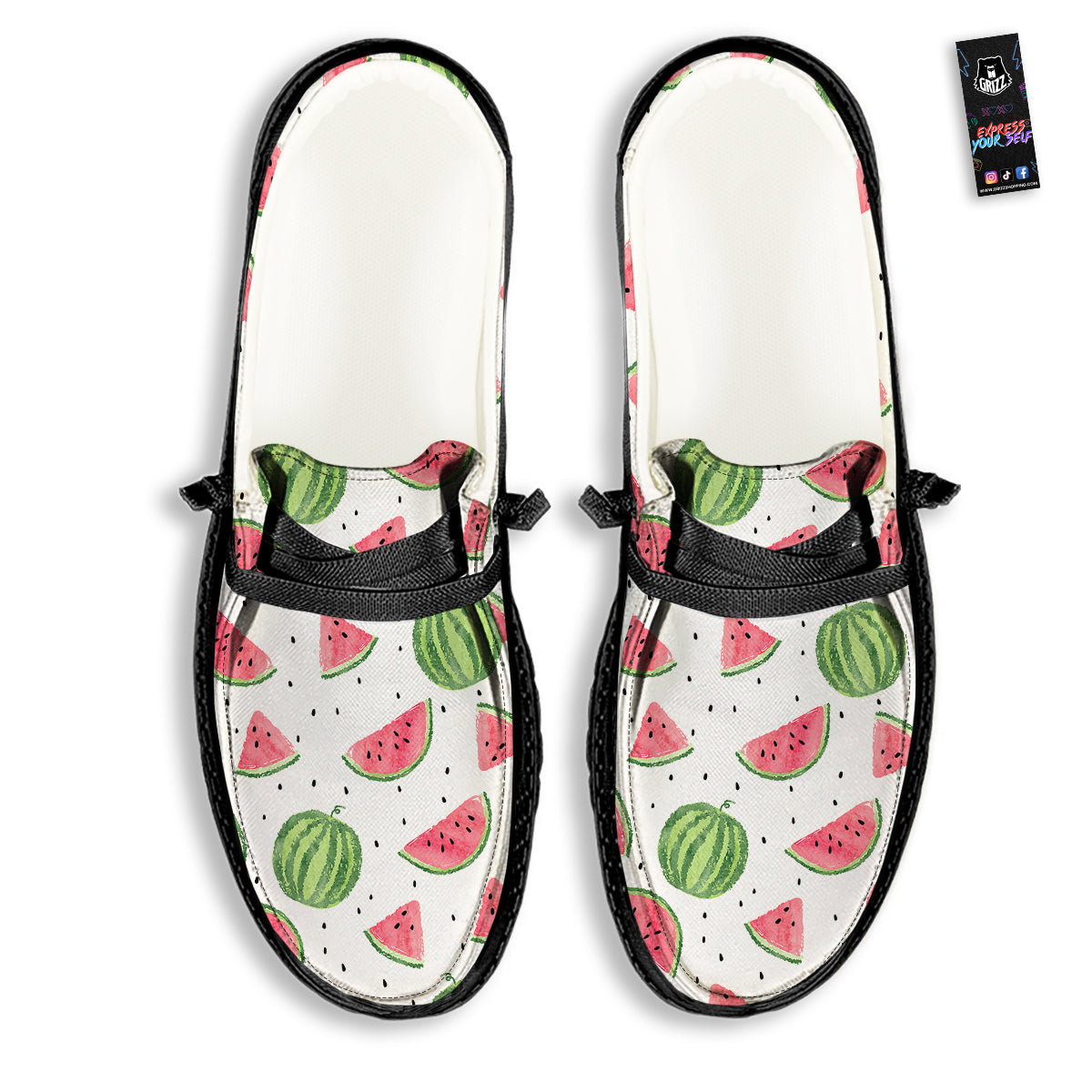 Watermelon White Summer Print Pattern Black Loafers-grizzshop