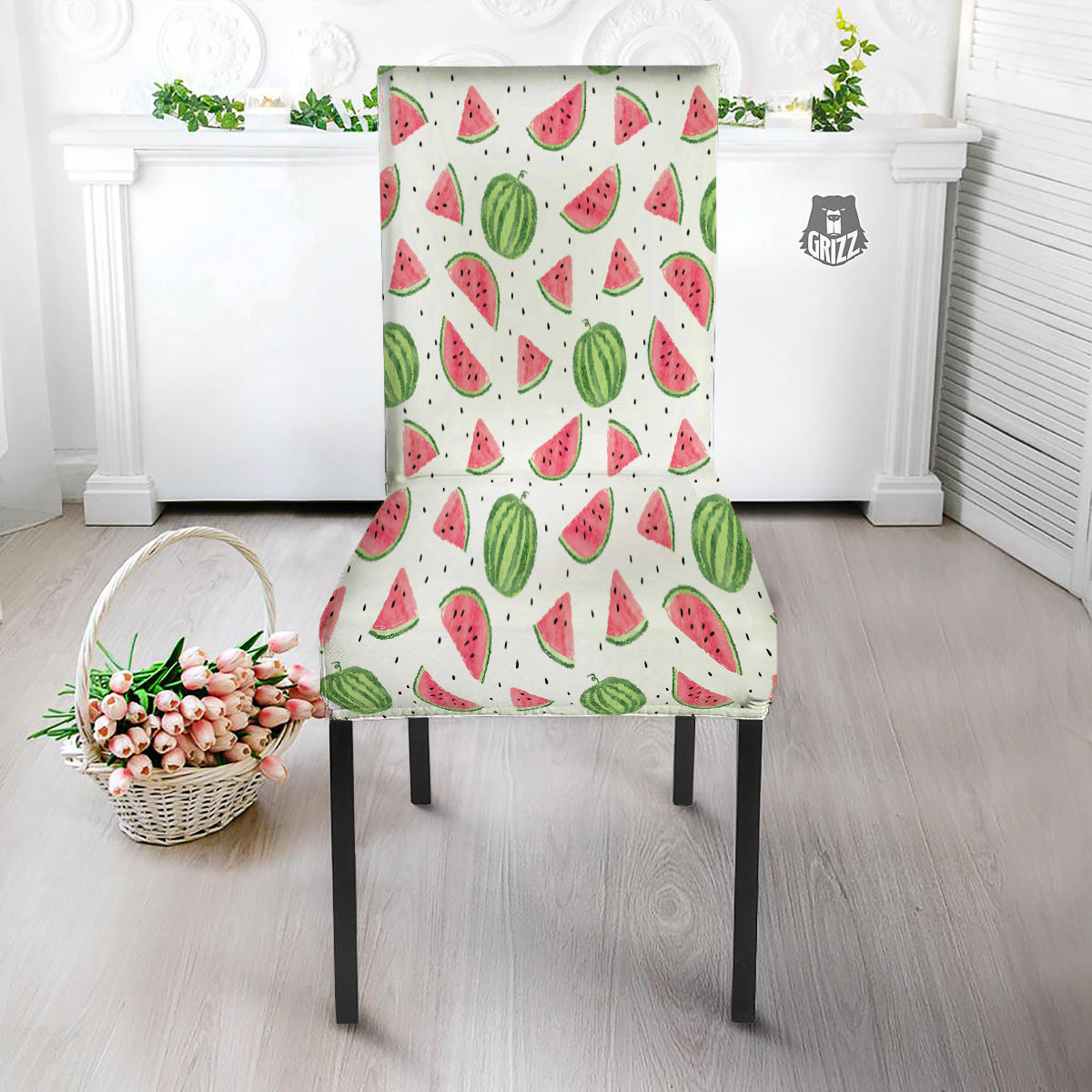 Watermelon White Summer Print Pattern Dining Chair Slipcover-grizzshop