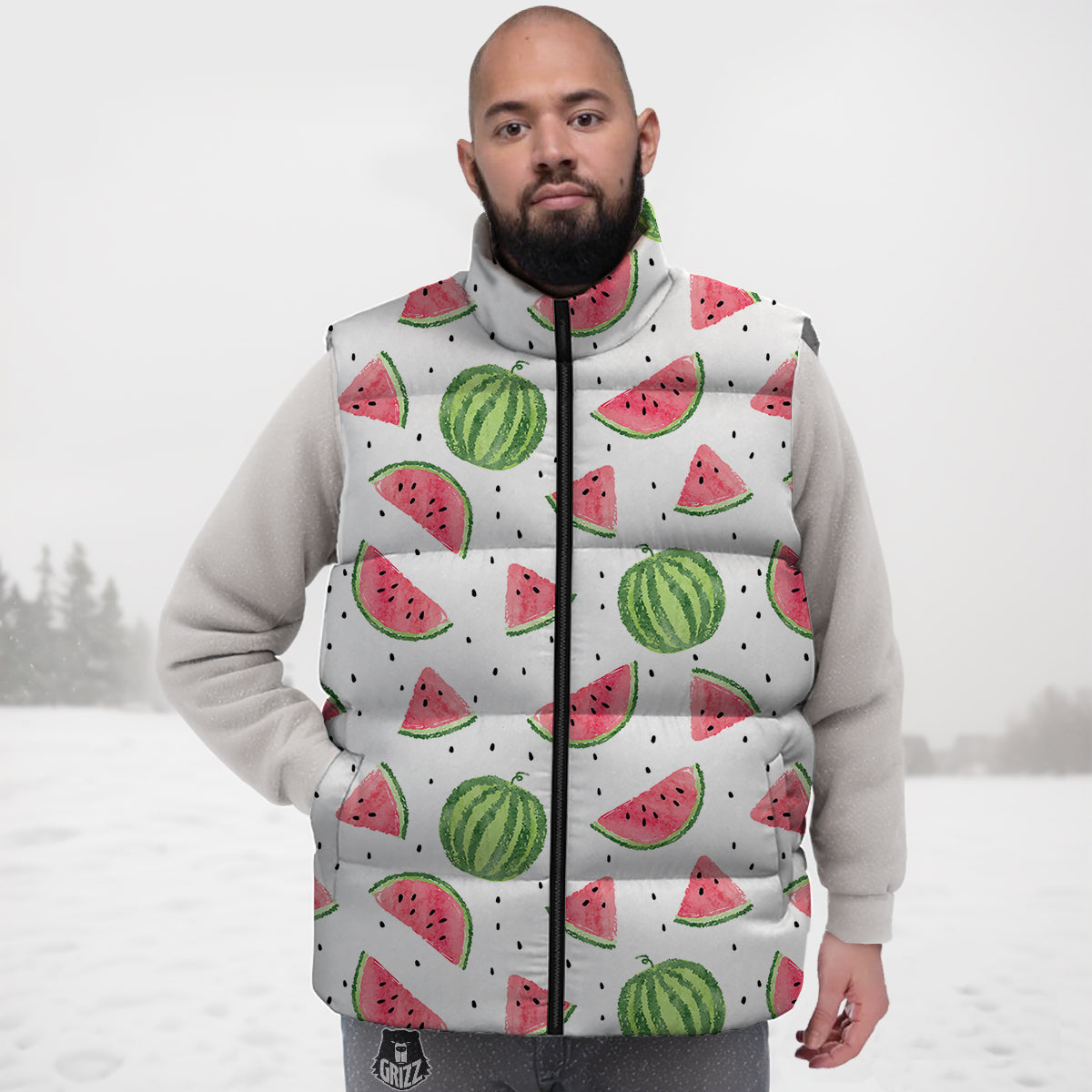 Watermelon White Summer Print Pattern Down Vest-grizzshop