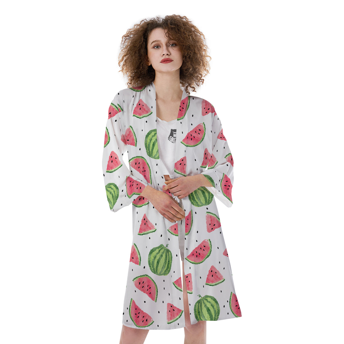Watermelon White Summer Print Pattern Kimono-grizzshop