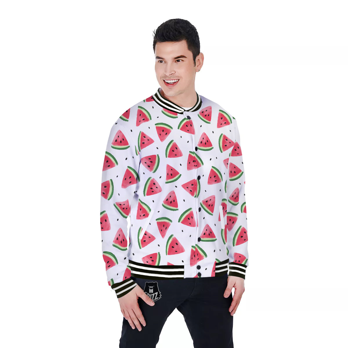 Watermelon White Tropical Print Pattern Baseball Jacket-grizzshop