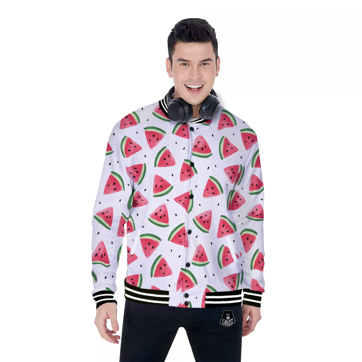 Watermelon White Tropical Print Pattern Baseball Jacket-grizzshop