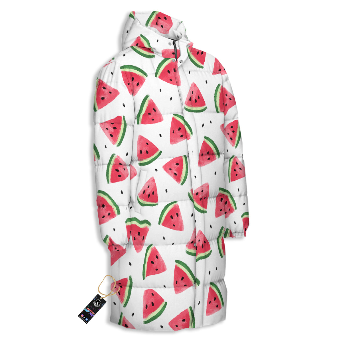 Watermelon White Tropical Print Pattern Long Down Jacket-grizzshop