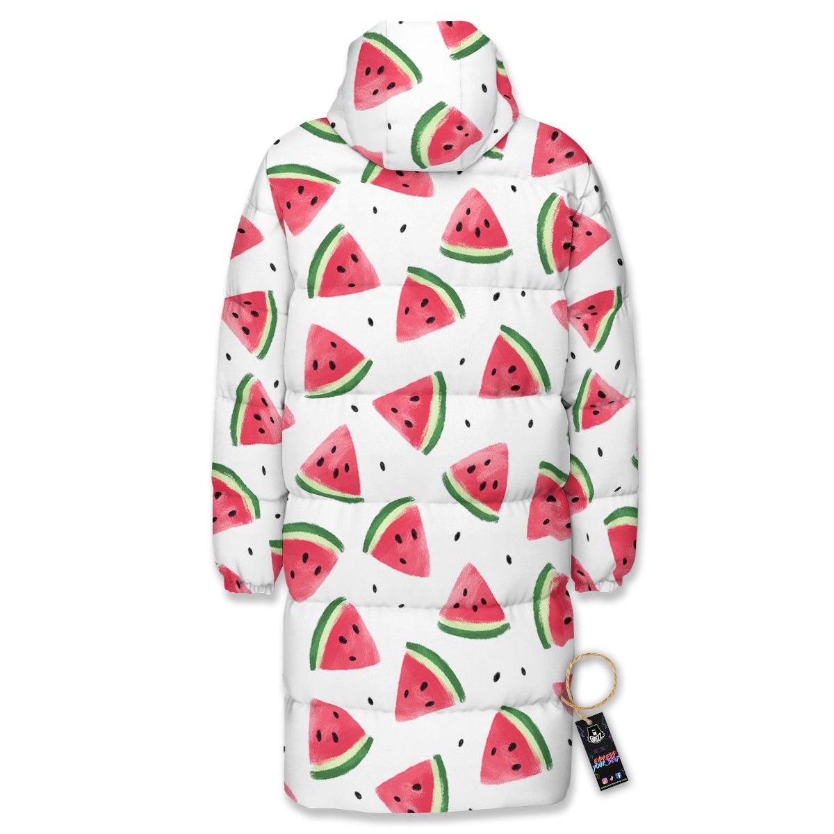 Watermelon White Tropical Print Pattern Long Down Jacket-grizzshop