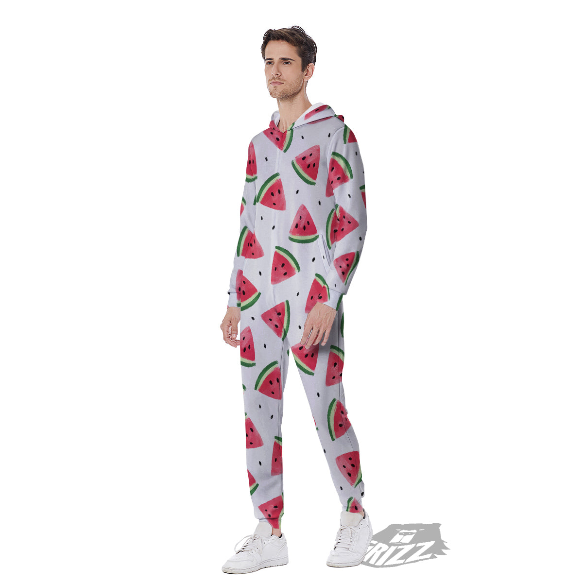 Watermelon White Tropical Print Pattern Men's Jumpsuit-grizzshop