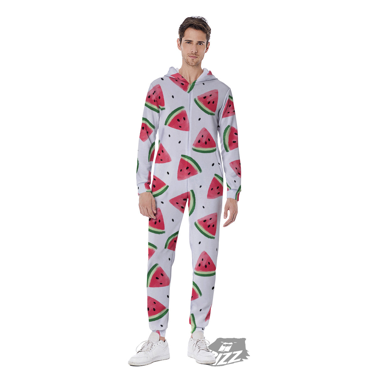Watermelon White Tropical Print Pattern Men's Jumpsuit-grizzshop