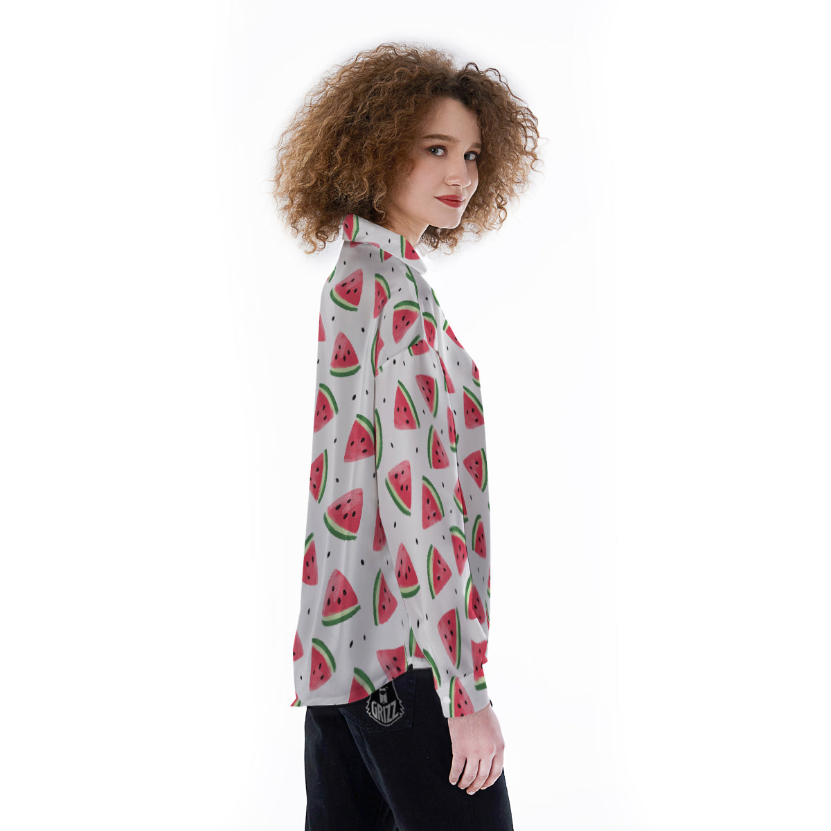 Watermelon White Tropical Print Pattern Women's Long Sleeve Shirts-grizzshop