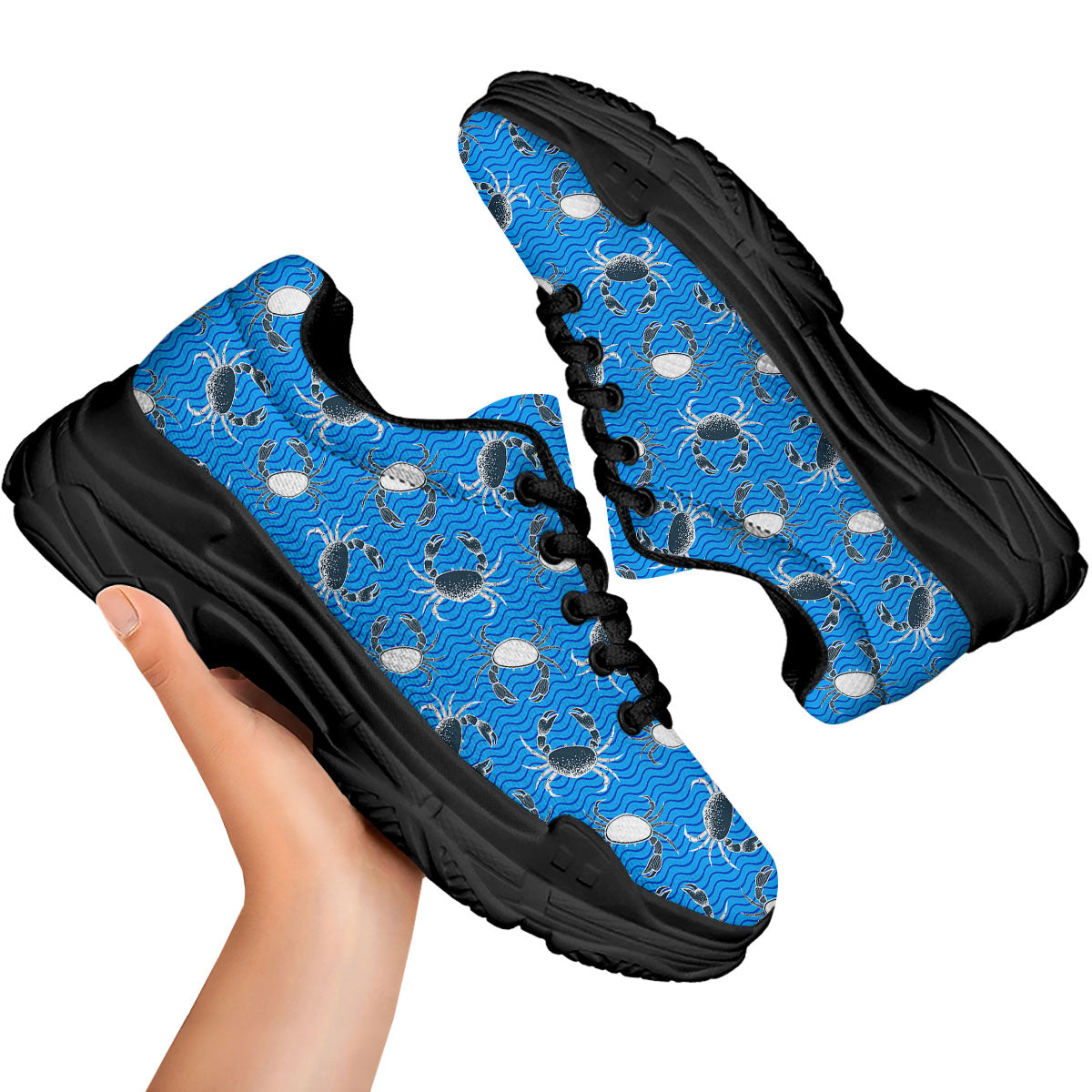 Wave Crab White And Blue Print Pattern Black Chunky Shoes-grizzshop