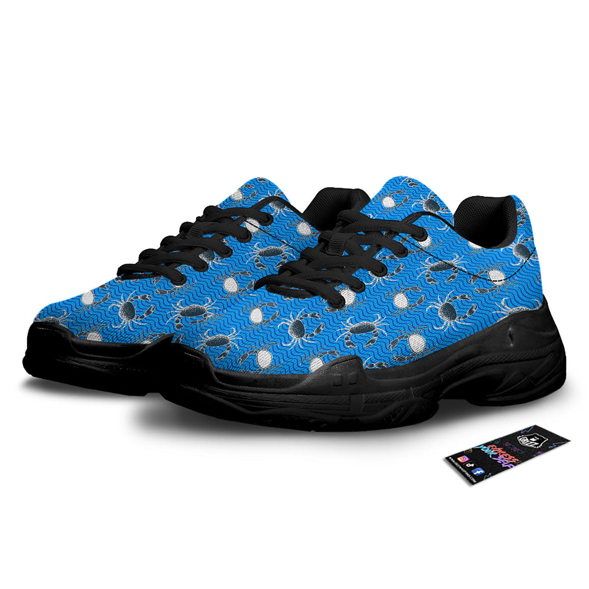 Wave Crab White And Blue Print Pattern Black Chunky Shoes-grizzshop