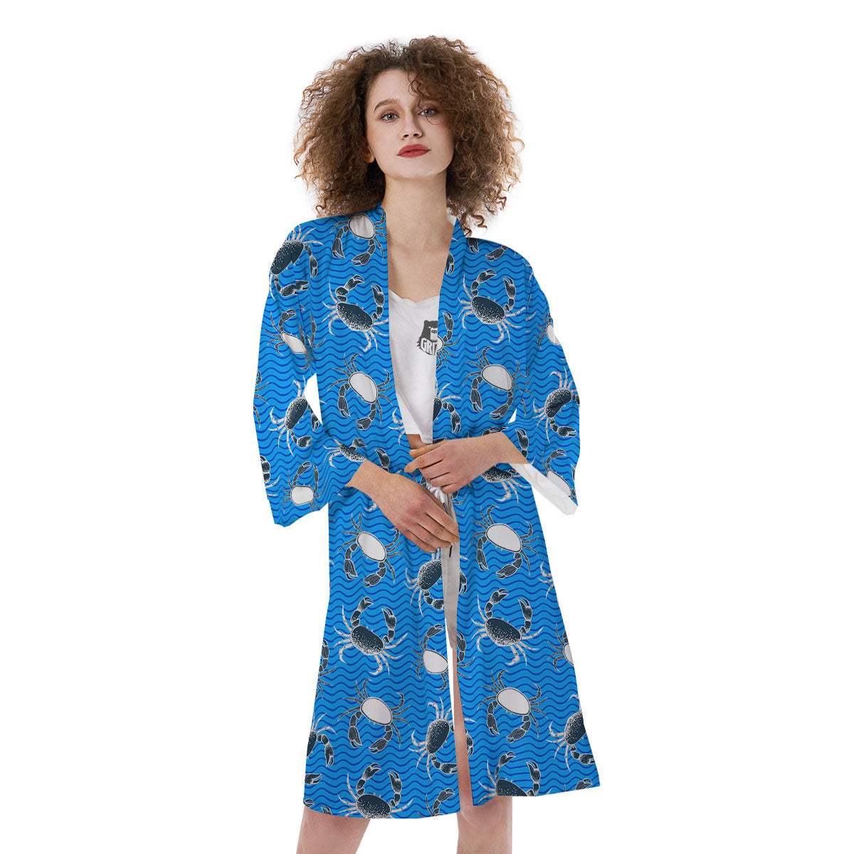Wave Crab White And Blue Print Pattern Kimono-grizzshop