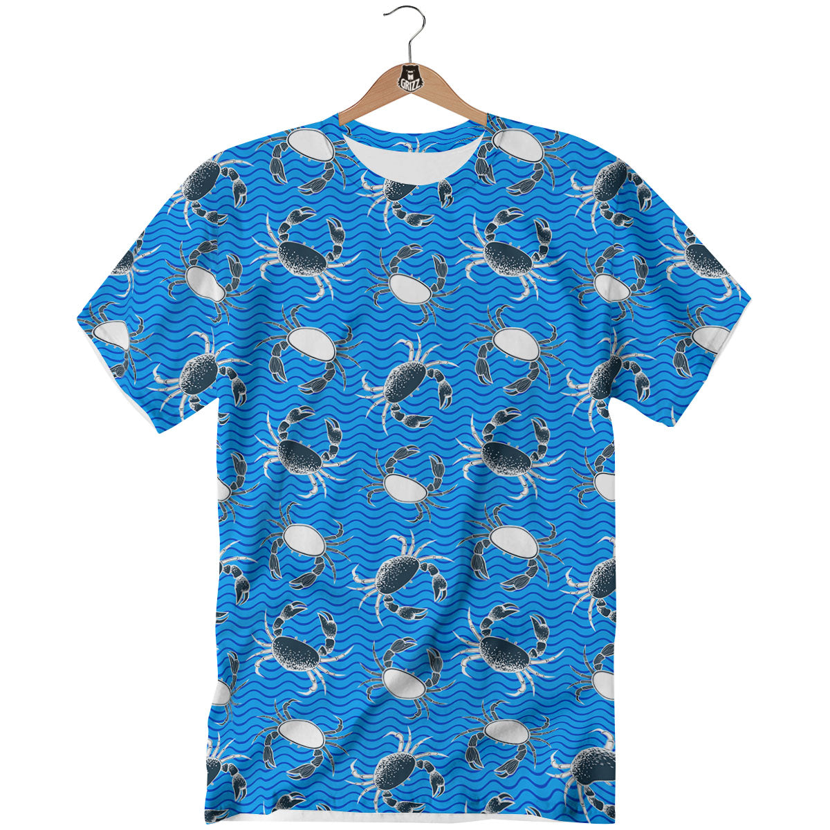 Wave Crab White And Blue Print Pattern T-Shirt-grizzshop