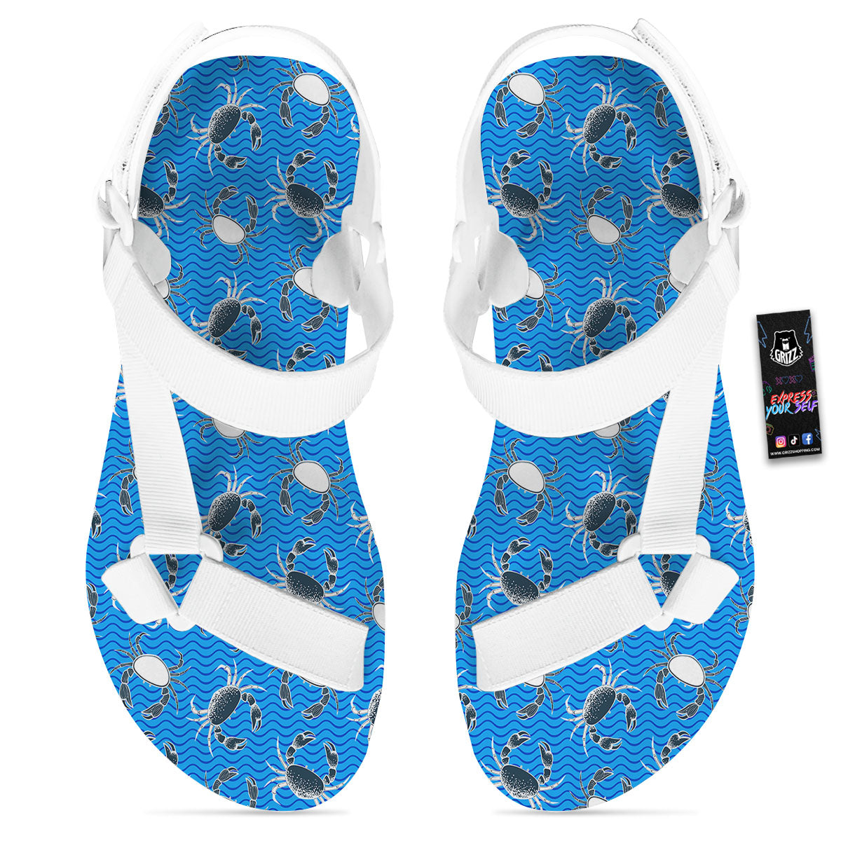 Wave Crab White And Blue Print Pattern White Open Toe Sandals-grizzshop
