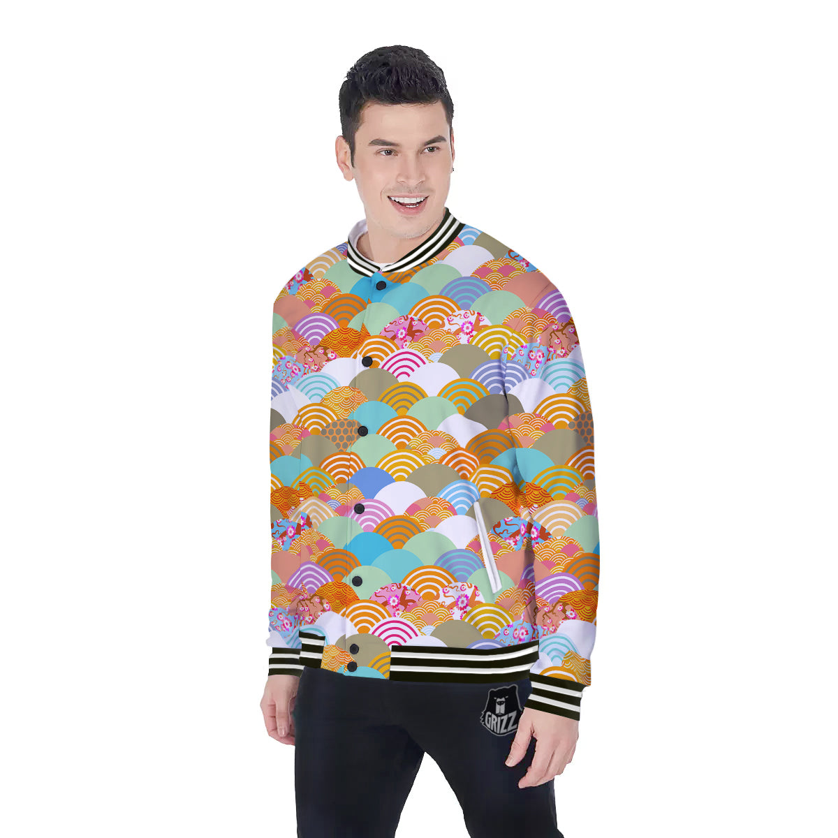 Wave Japanese Flower Colorful Print Pattern Baseball Jacket-grizzshop