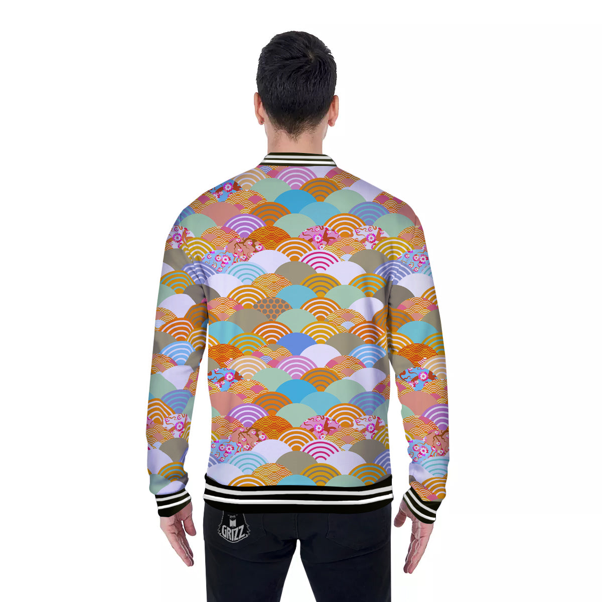 Wave Japanese Flower Colorful Print Pattern Baseball Jacket-grizzshop