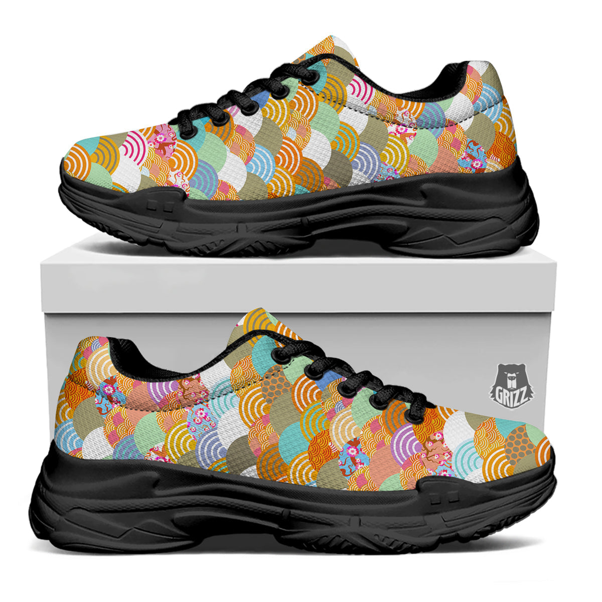 Wave Japanese Flower Colorful Print Pattern Black Chunky Shoes-grizzshop