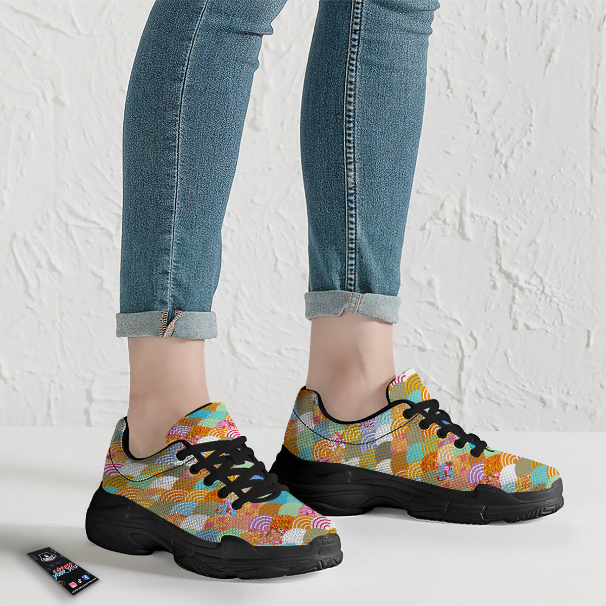 Wave Japanese Flower Colorful Print Pattern Black Chunky Shoes-grizzshop