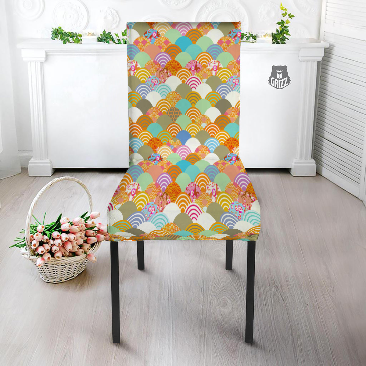 Wave Japanese Flower Colorful Print Pattern Dining Chair Slipcover-grizzshop
