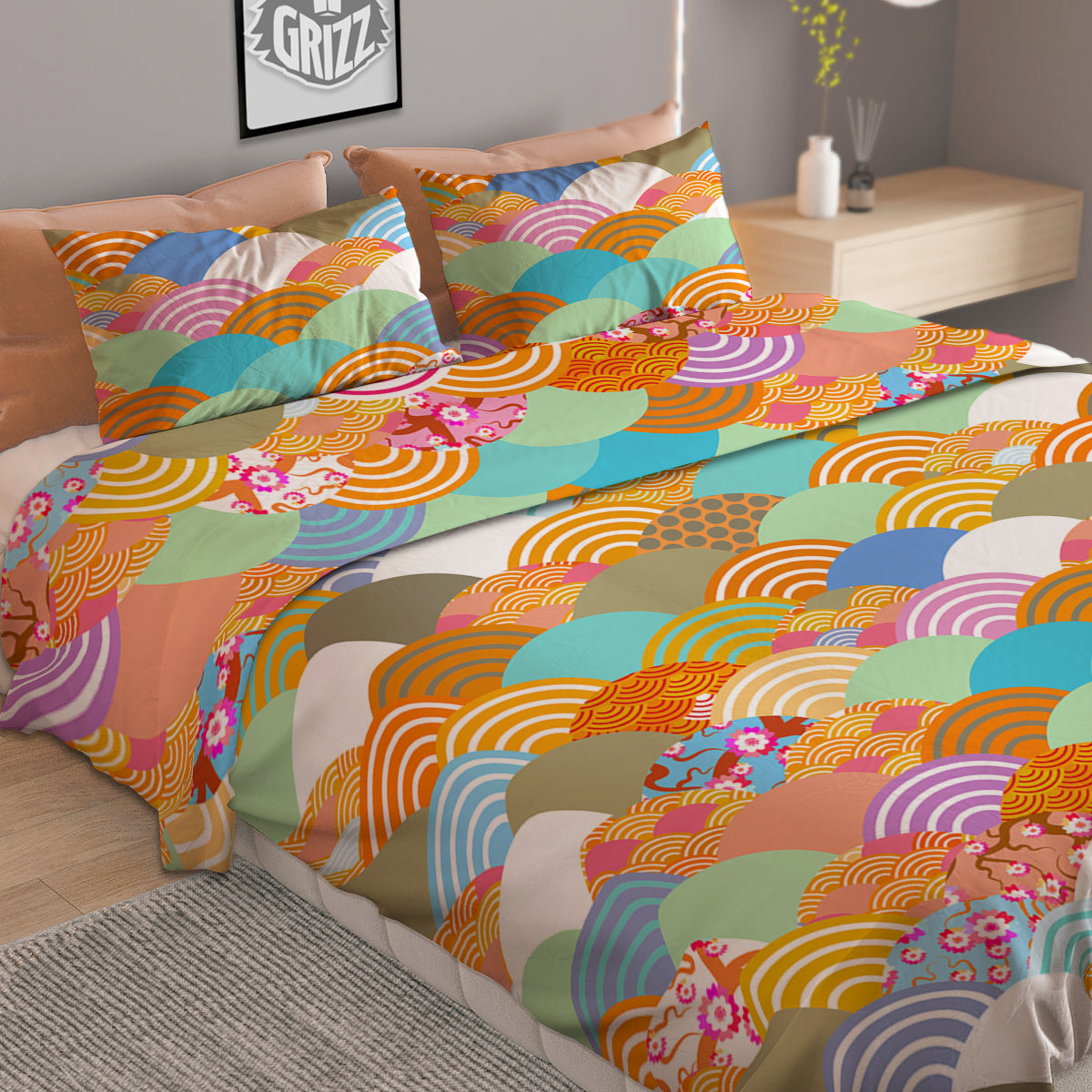 Wave Japanese Flower Colorful Print Pattern Duvet Cover Bedding Set-grizzshop